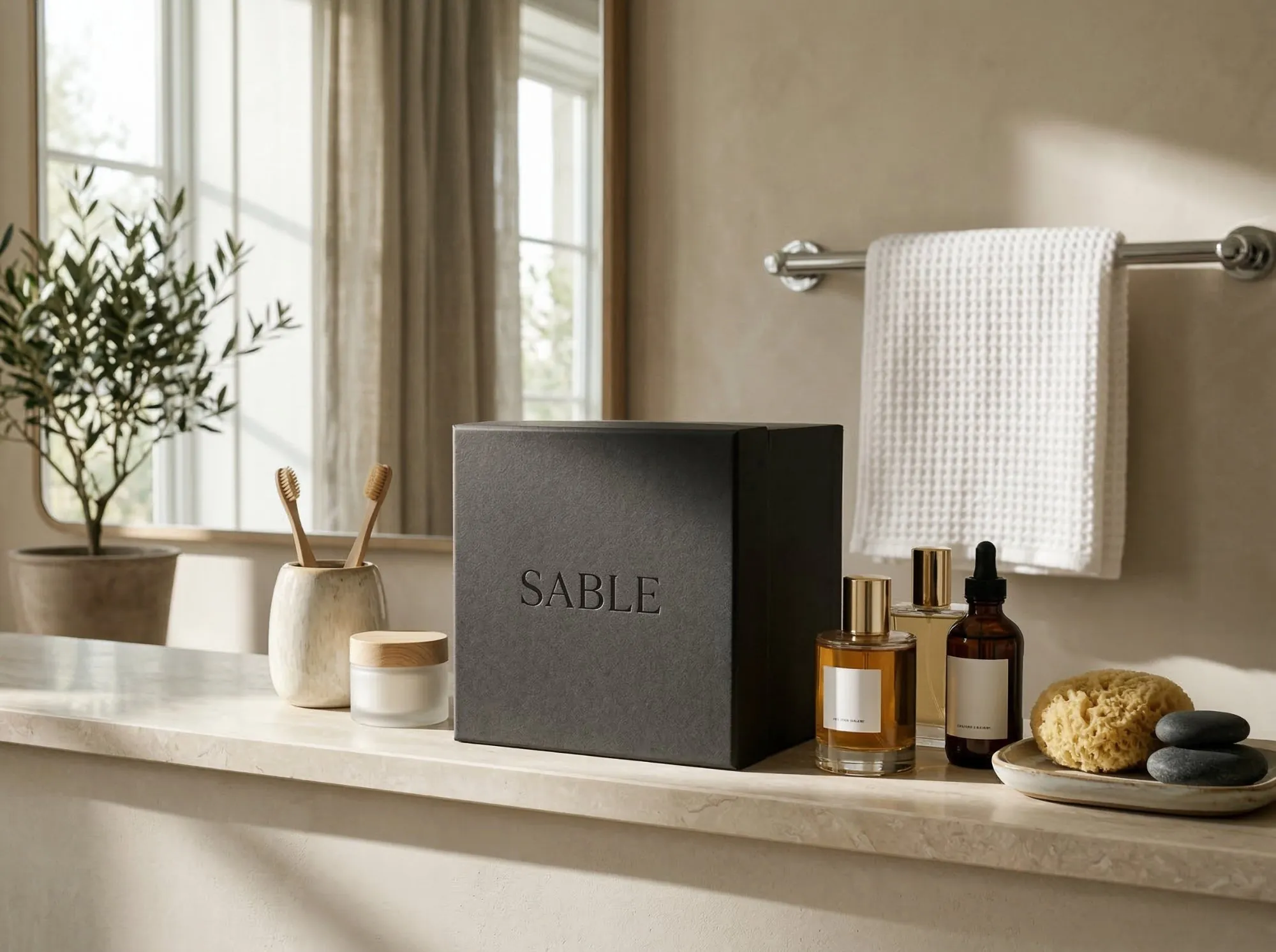 SABLE cosmetics on bathroom shelf