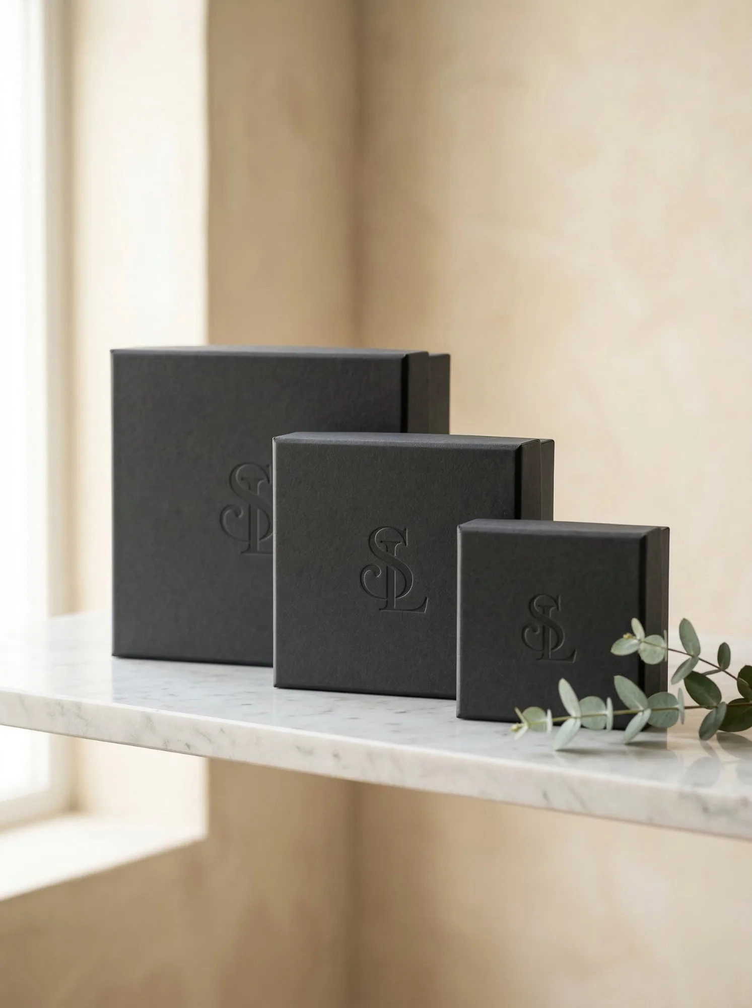 Matte charcoal rigid boxes with blind debossed monogram
