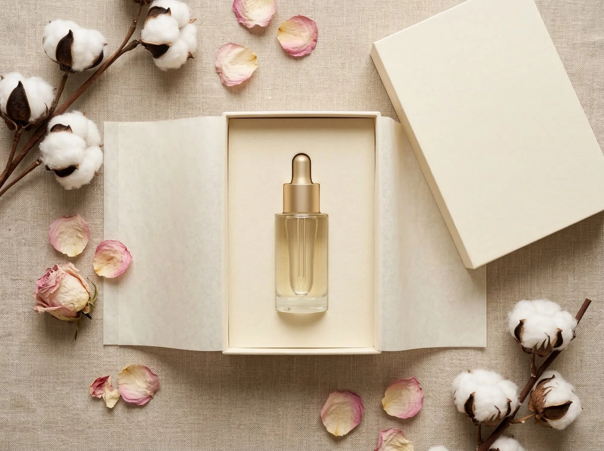 Open cream magnetic box with serum in foam insert