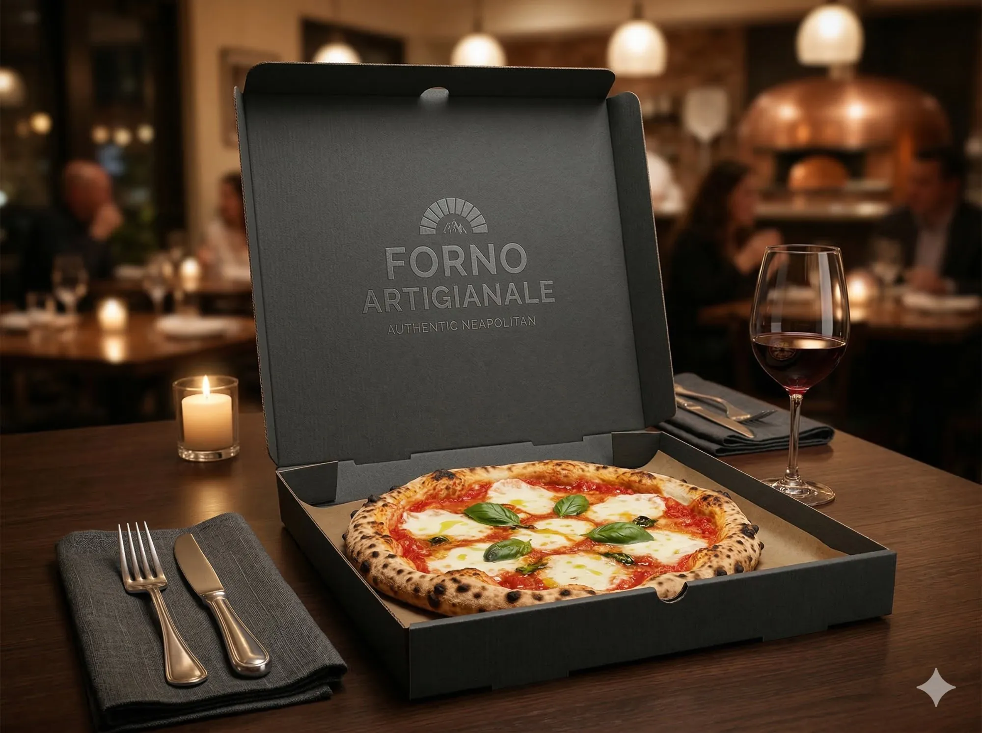 Forno Artigianale pizza box in restaurant