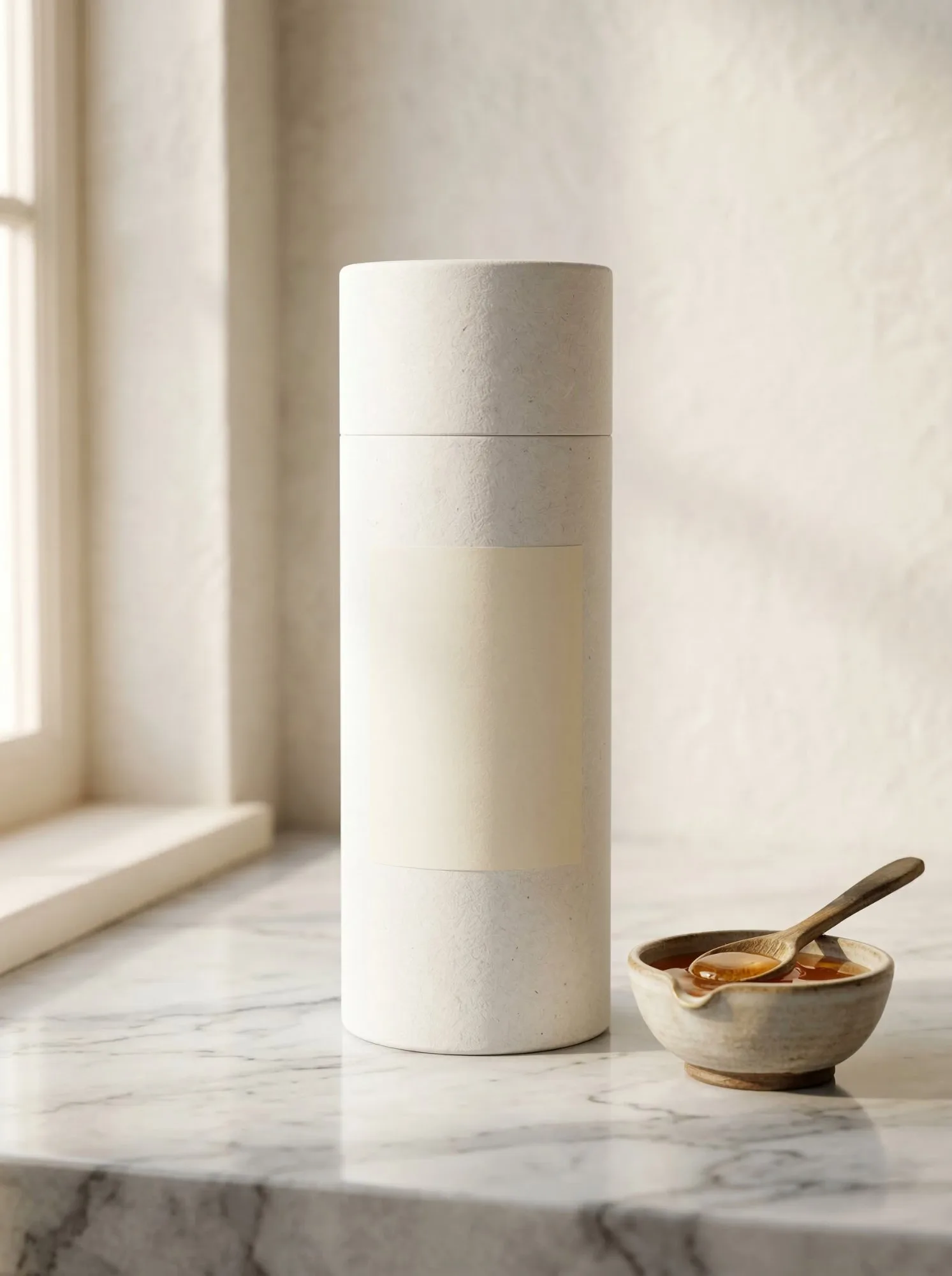 Tall white kraft cylinder tube with honey bowl