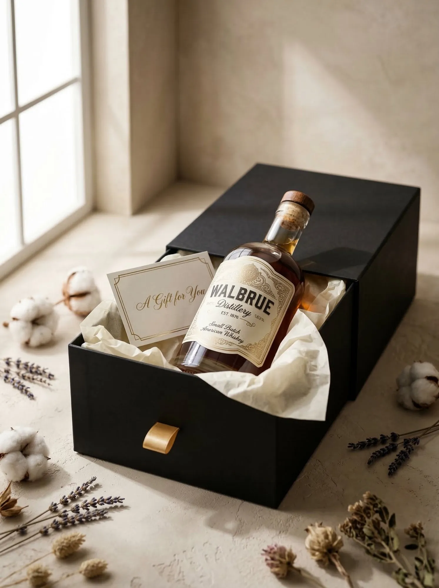 Open black rigid gift box with spirits