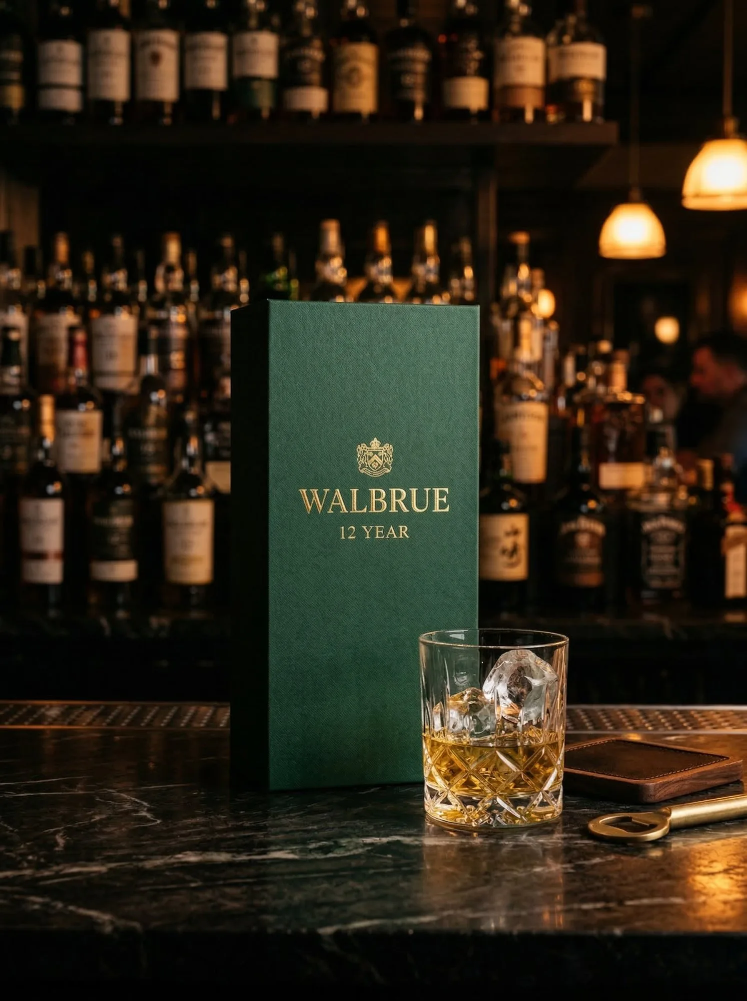 Deep forest green rigid box with gold foil logo on dark marble